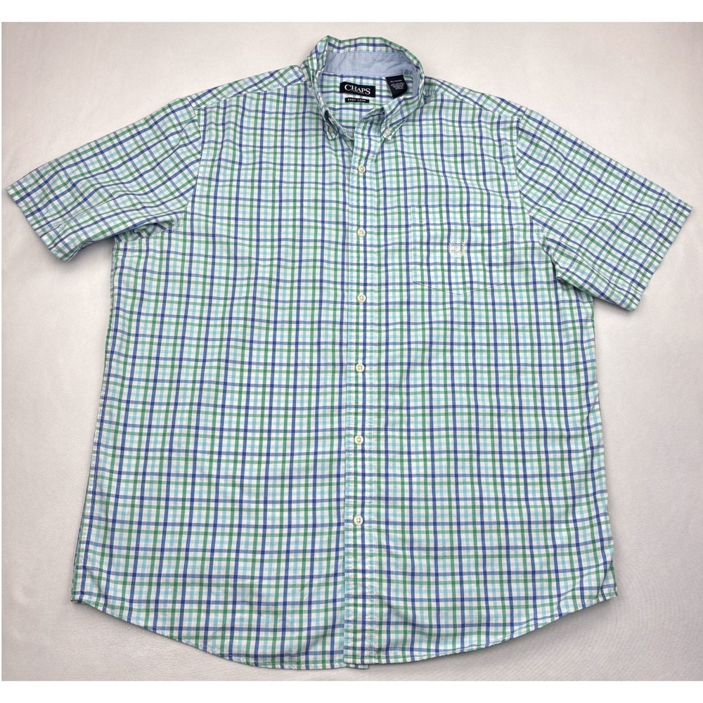 Chaps Shirt Mens XL Green Blue Plaid Short Sleeve Button Down Easy Care Casual